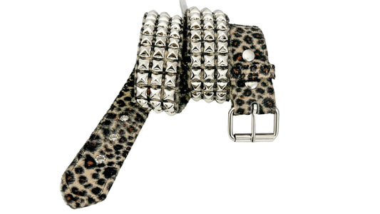Funk Plus LEOPARD FUZZY FABRIC STUDDED BELT - BROWN LEOPARD