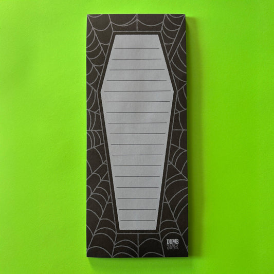 Dumb Junk - Coffin Notepad (3.5x8.5") | Horror Art Spiderweb Stationery