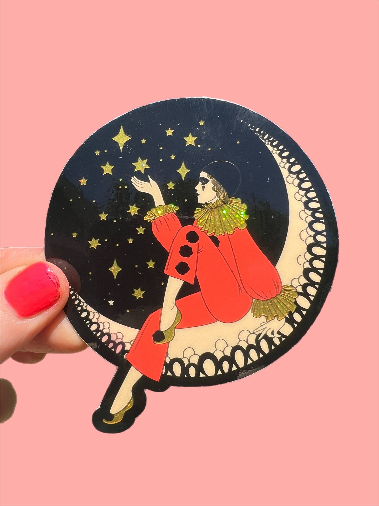 Astral Weekend - 3 Inch Sticker Pierrot Clown on the Moon BLACK Sparkle