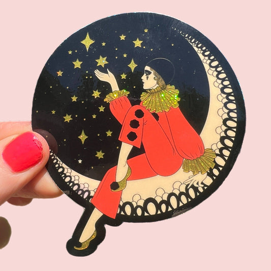 Astral Weekend - 3 Inch Sticker Pierrot Clown on the Moon BLACK Sparkle