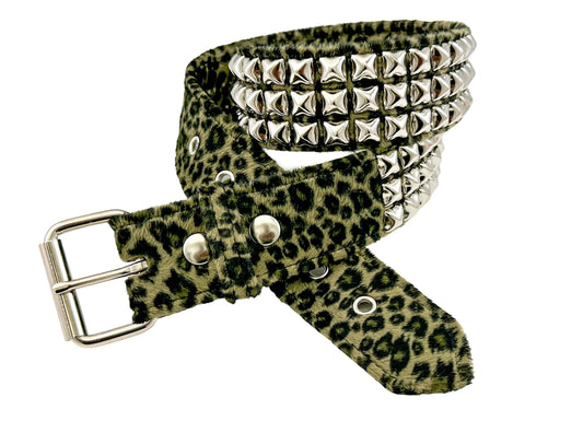 Funk Plus - LEOPARD FUZZY FABRIC STUDDED BELT - GREEN LEOPARD