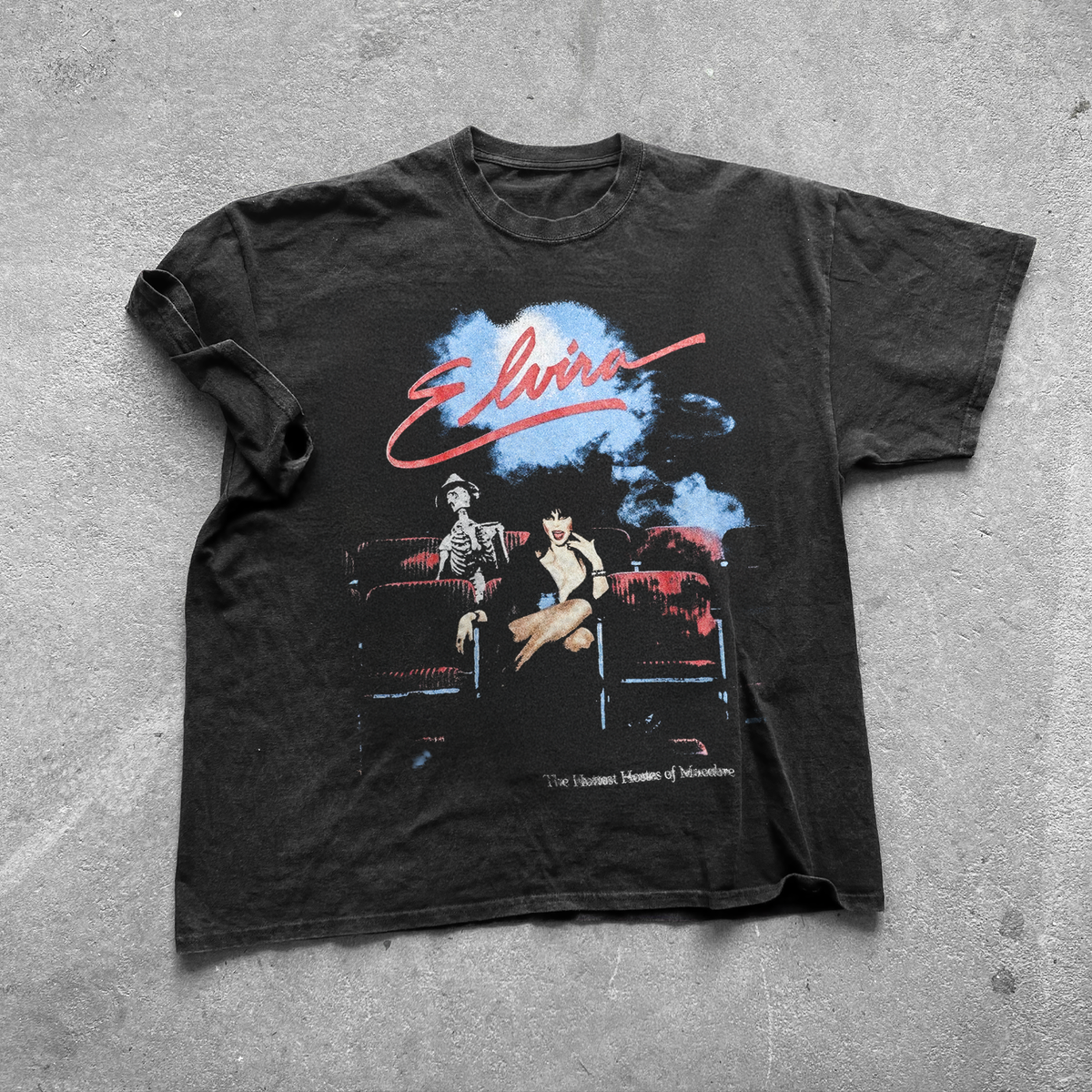 Parallel Vintage - 90S Elvira 'Hottest Hostess' Vintage Washed Promo Black Tee - Black / XL