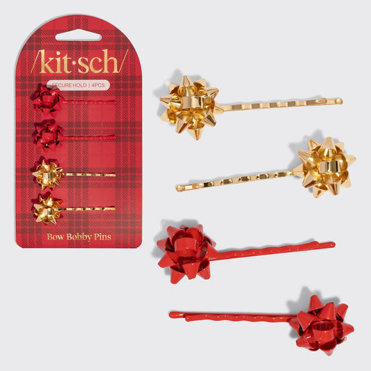 KITSCH - Metal Gift Bow Bobby Pins 4pc Set - Red & Gold