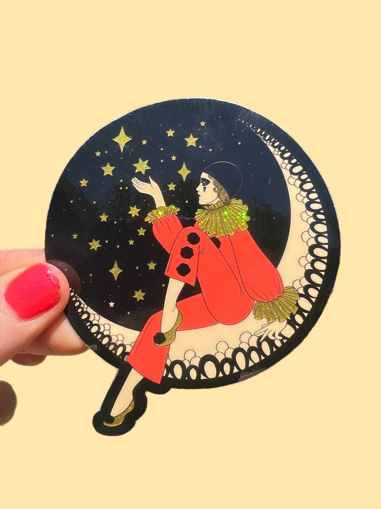 Astral Weekend - 3 Inch Sticker Pierrot Clown on the Moon BLACK Sparkle