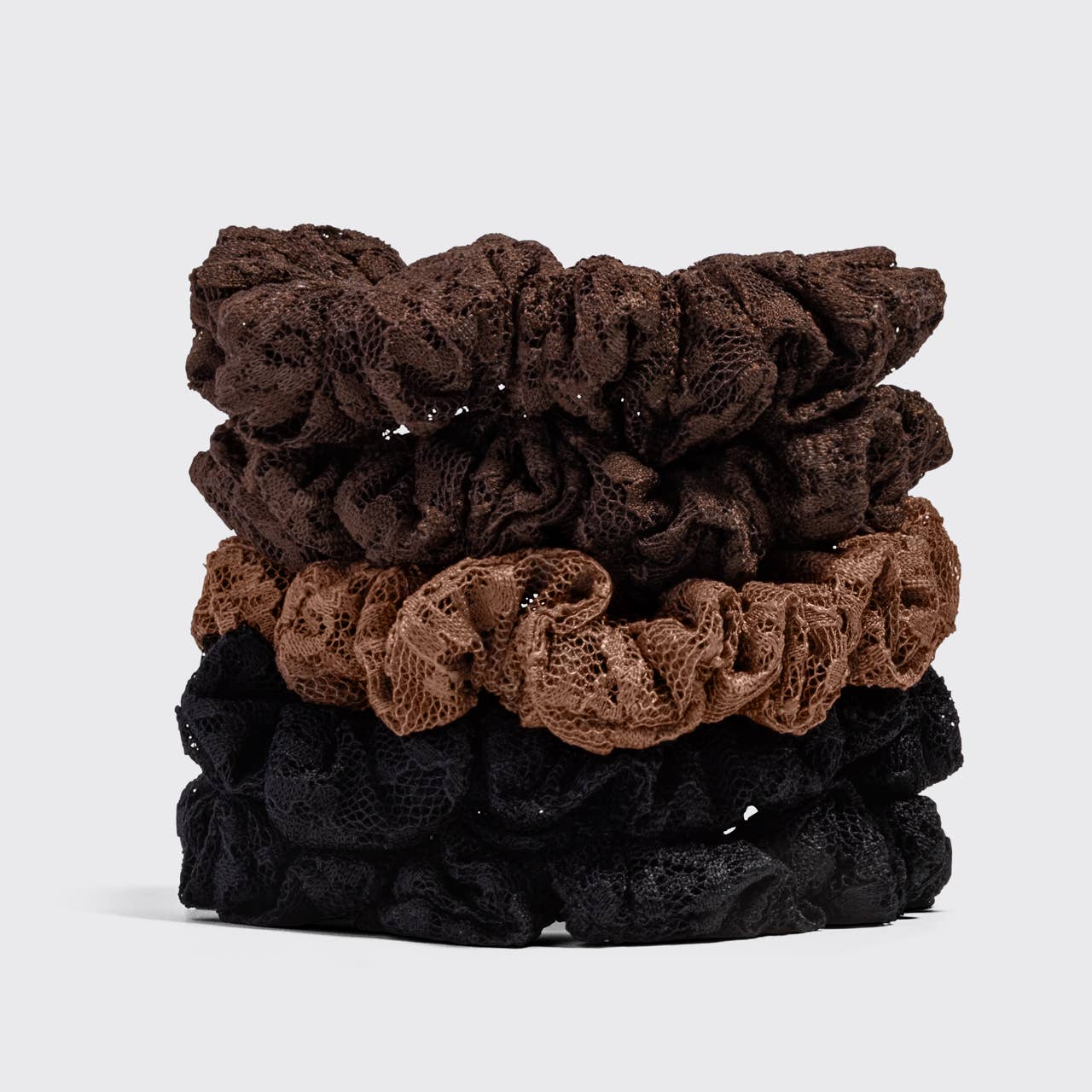 KITSCH - Ruched Lace Scrunchies 5pc Set - Black, Chocolate & Mocha