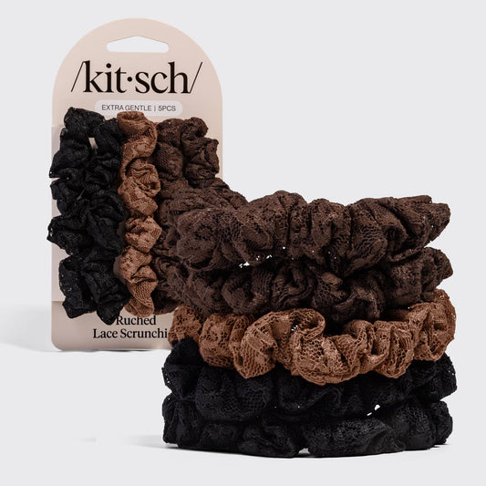 KITSCH - Ruched Lace Scrunchies 5pc Set - Black, Chocolate & Mocha