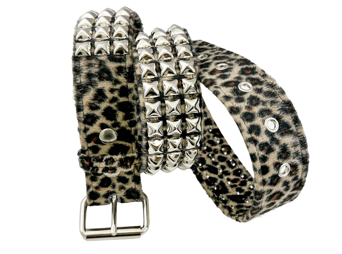 Funk Plus LEOPARD FUZZY FABRIC STUDDED BELT - BROWN LEOPARD