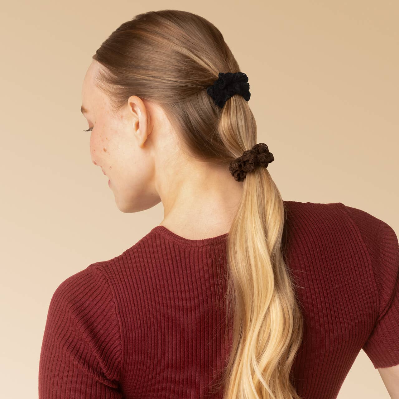 KITSCH - Ruched Lace Scrunchies 5pc Set - Black, Chocolate & Mocha