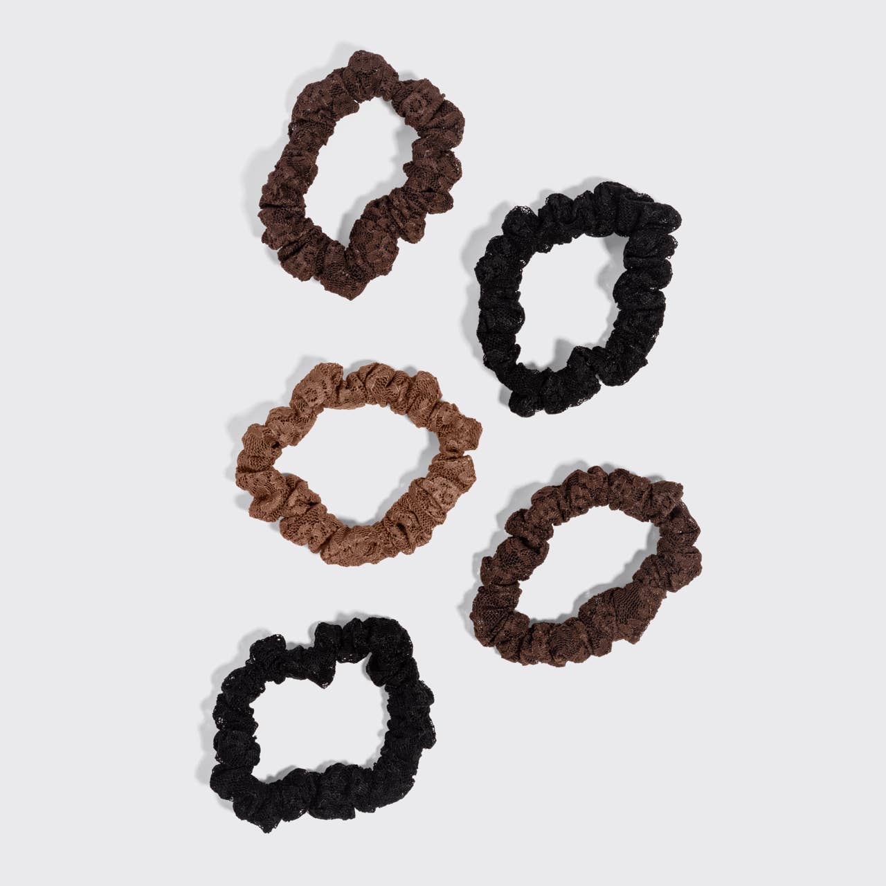 KITSCH - Ruched Lace Scrunchies 5pc Set - Black, Chocolate & Mocha