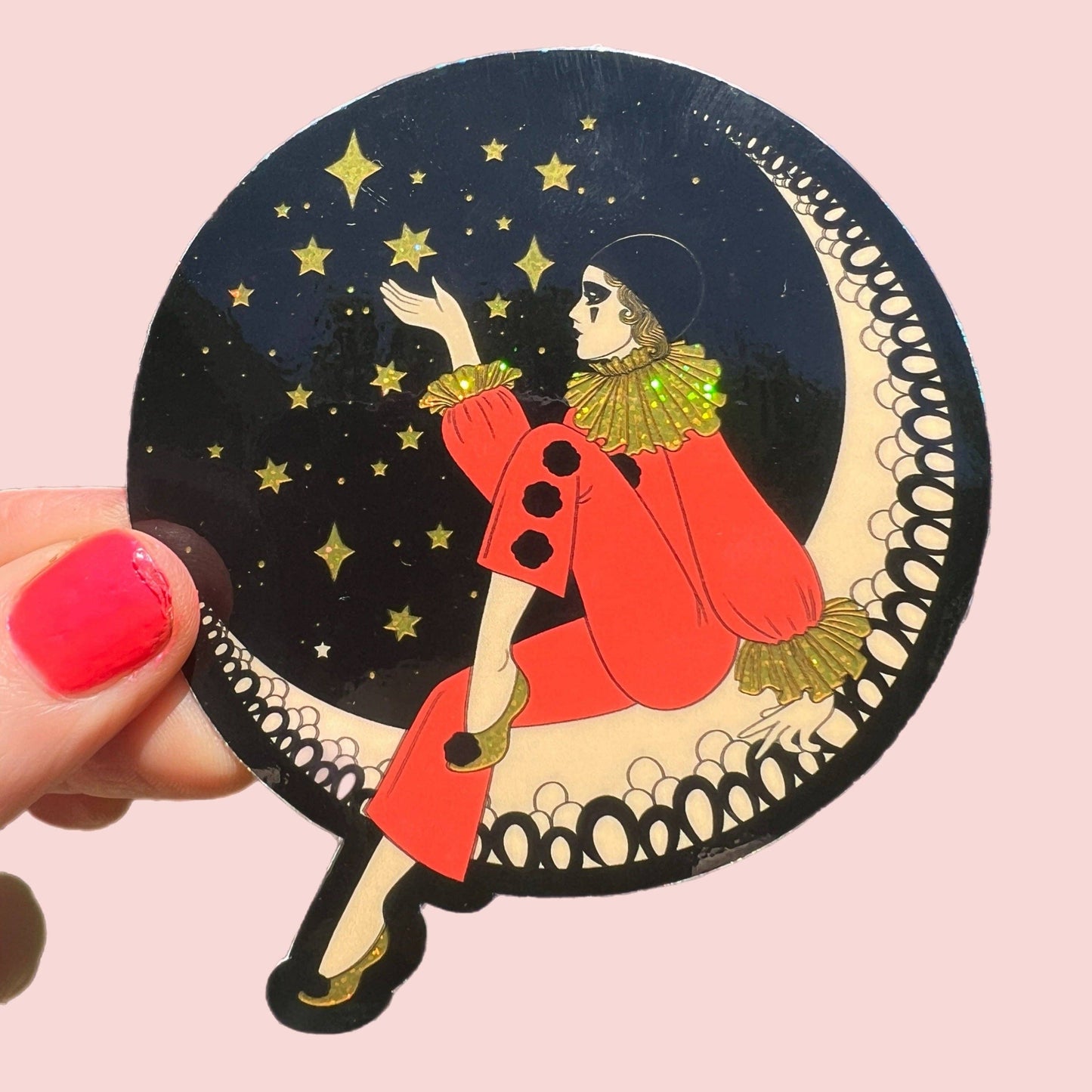 Astral Weekend - 3 Inch Sticker Pierrot Clown on the Moon BLACK Sparkle