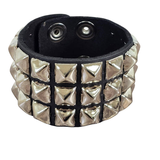 Funk Plus - PYRAMID STUDDED LEATHER  SNAP BRACELET - 3 ROW 1/2" PYRAMID